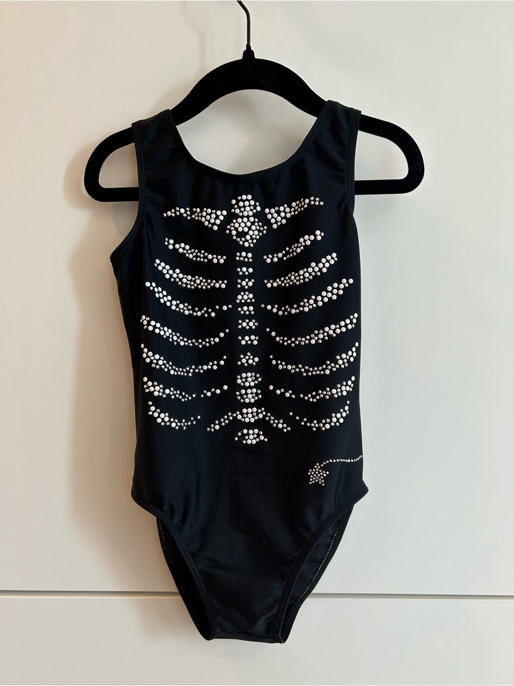 Destira Black Gymnastics or Dance Leotard with Silver Rhinestone Skeleton Design